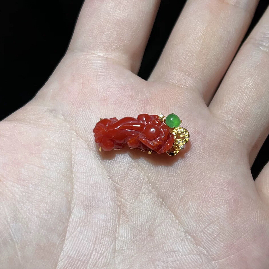 Natural Japanese Coral Red Hand Carved Pixiu Pendant in Solid 18K Yellow Gold
