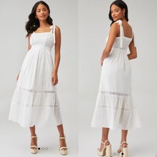 LoveShackFancy Ayala White Lace Cotton Tie Straps Midi Dress 0