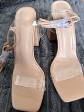 New Beige Block Heeled Gladiator Style Shoes Size 6 With Clear Straps