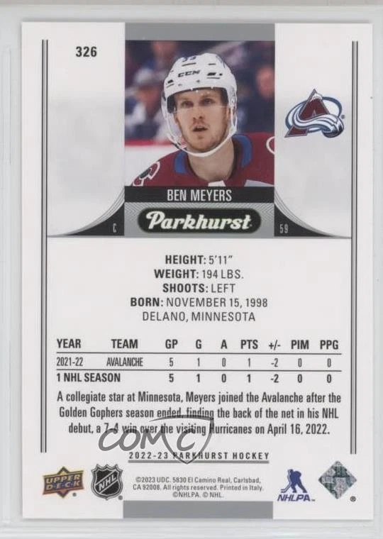 2022-23 Upper Deck Parkhurst Rookies Gold Foil Ben Meyers #326 Rookie RC - Image 2 of 2
