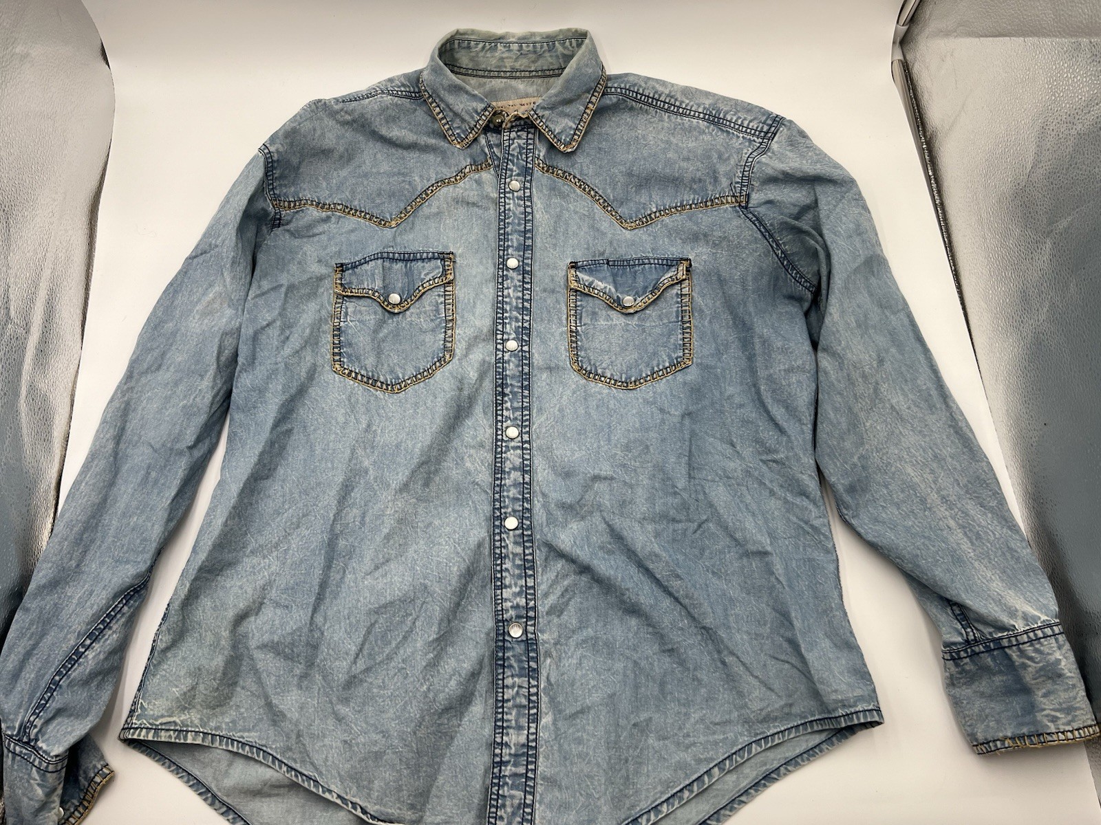 Tru west Rockmount Ranch Wear Men's Stonewashed Denim Blanket Stitch Western S/M