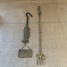 VTG Brass Fireplace Set Toasting Fork Damper Open Sign Pull Hook Duck Pineapple