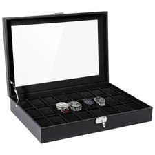 24-Slot Lockable Watch Display Case W/Glass Top,Black Leather,Suitable as a gift