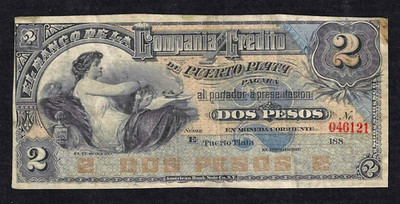 1888 DOMINICAN REPUBLIC 2 PESOS ~ COMPANIA CREDITO DE PUERTO PLATA ~ PS-104 NICE