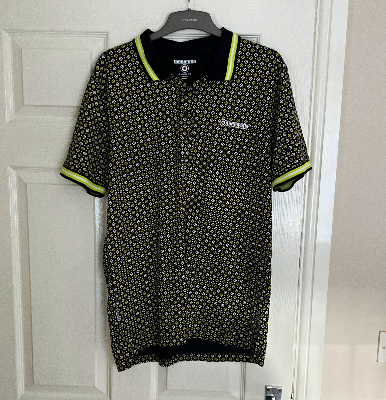 Lambretta GEO AOP Polo Shirt XL Black/Yellow/White Geometric Cotton SS716