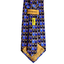 Men's Blue RARE Yves Saint Laurent Neckwear Tie Silk Vintage Square Pattern YSL