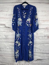 Monsoon Dress Womens Large Blue Embroidered Floral Boho Peasant Midi Length