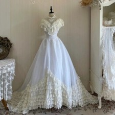 Victorian Vintage Lace Wedding Dresses High Neck Ruffle Tiered Tulle A Line Gown