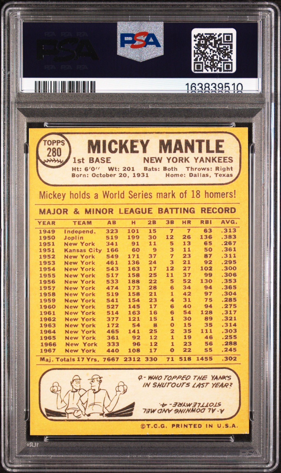 1968 Topps Mickey Mantle 280 PSA 6 EX-MT view 3