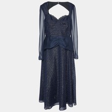 SelfPortrait Navy Blue Metallic Fil Coupe Midi Dress L