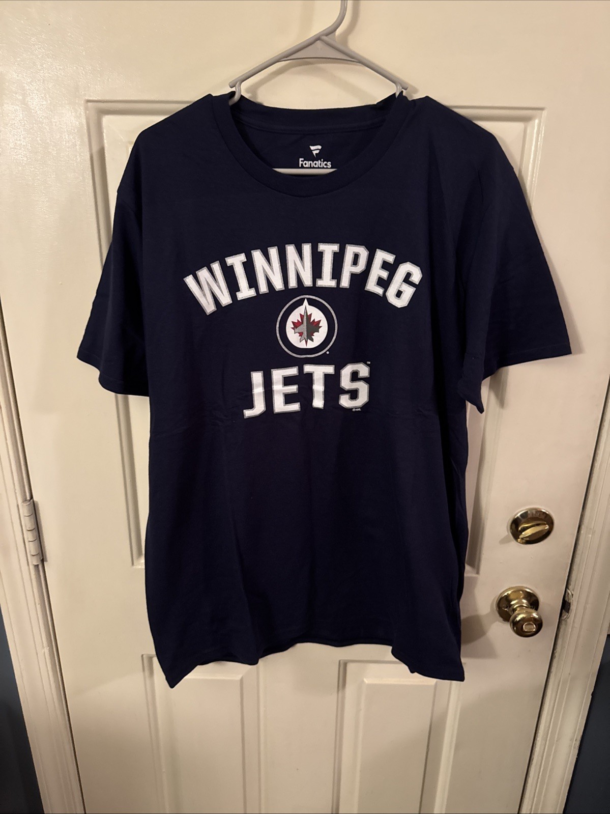 NWOT NHL Fanatics Winnipeg Jets Blue Logo Spellout T-Shirt - Men's Large