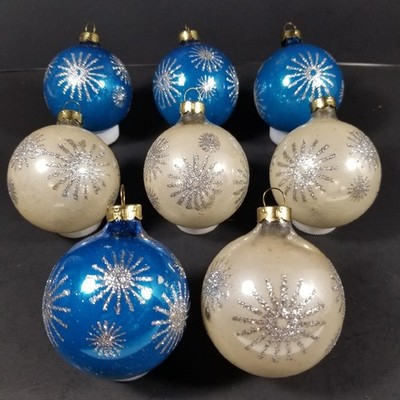 8 Vtg Rauch Mercury Glass Christmas Ornaments Atomic Starburst Silver Blue 2''