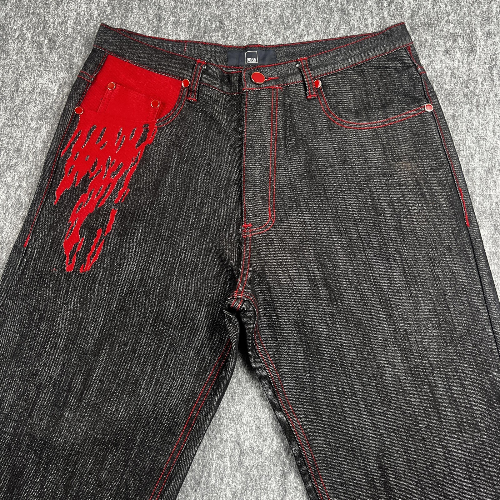M2 Jeans Jeans Mens 36x33* Black Straight Leg Denim Red Stitch Graphic Pockets