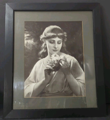 Antique Lithograph Under Glass Woman With Flowers Black White Roses Pretty 21x17