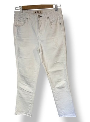 AMO Off White Denim Jeans Straight Crop Button Fly & Raw Hem Size 26 Y2K