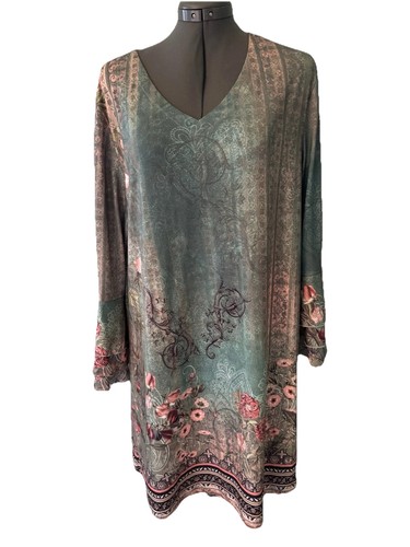 Kleid Blumenmuster XXL Freizeit Midi bequem Stretch Tulpenärmel türkis rosa