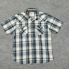 Levis Western Shirt Mens Medium Blue Plaid Pearl Snap Short Sleeve Button Cowboy