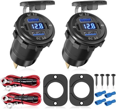 2Pcs 12V/24V Outlet with Voltmeter, Quick Charge 3.0 Dual USB Power Outlet, W...