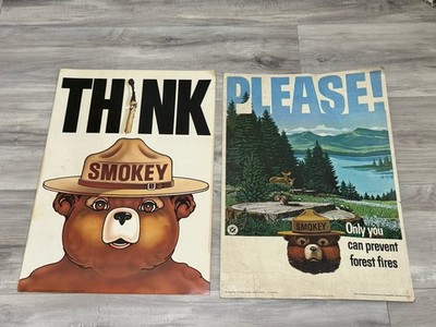 Vintage Lot 1964 PLEASE & 1974 THINK Smokey Bear Forest Fire Prevention Poster