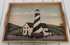 Kamenstein Black White Lighthouse Wooden Serving Tray Cut out Handles BEACH SEA