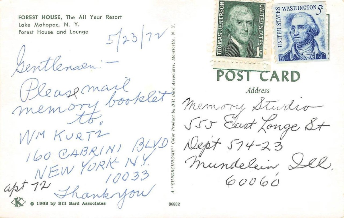 FOREST HOUSE Roadside LAKE MAHOPAC New York Mid-Century Modern 1968 Postcard