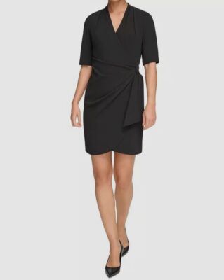 DKNY Women's Black Side-Ruched V-Neck Short-Sleeve Dress Petite