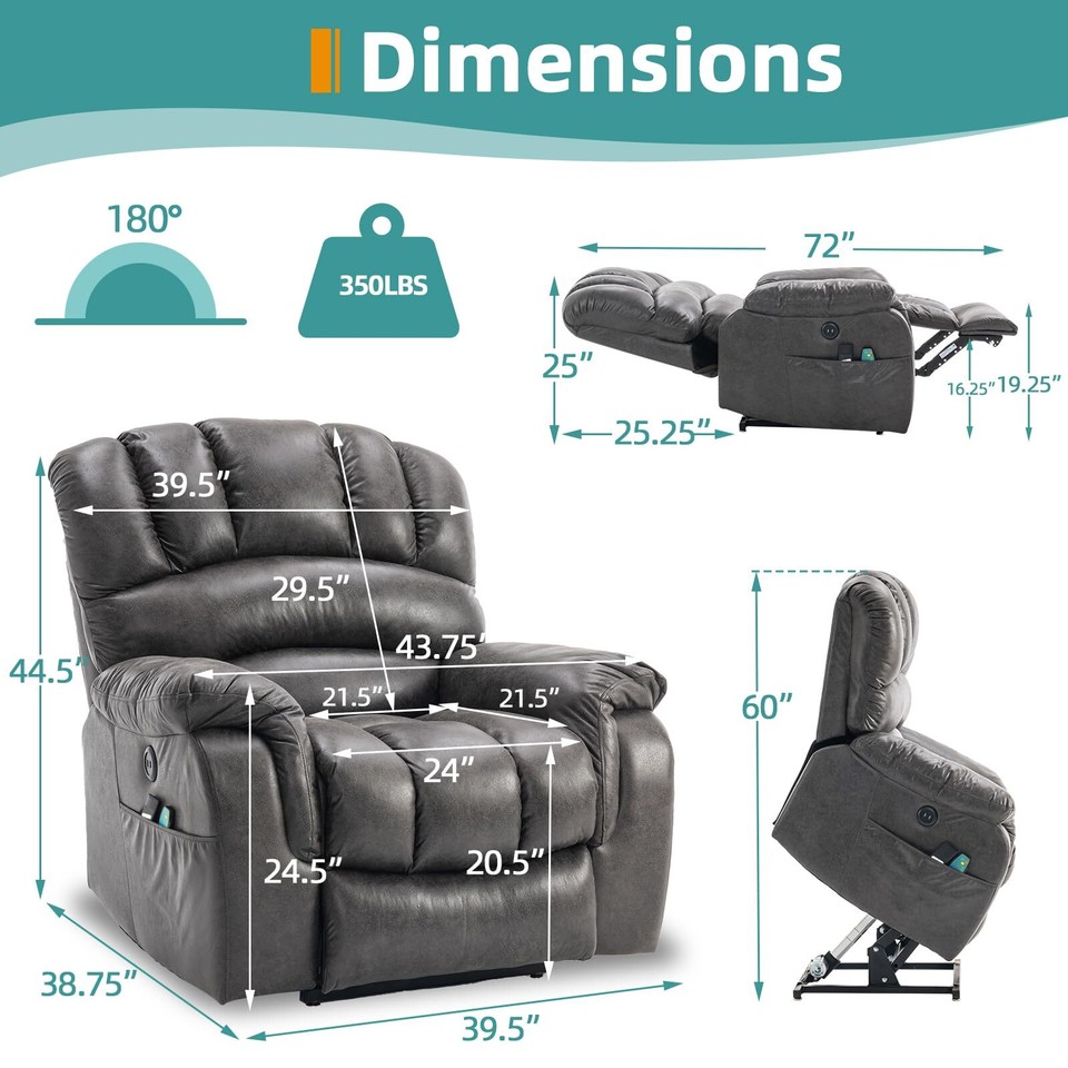 Big Tall Large Lay Flat Dual Motor Power Lift Recliner Chair w/ Heated ...