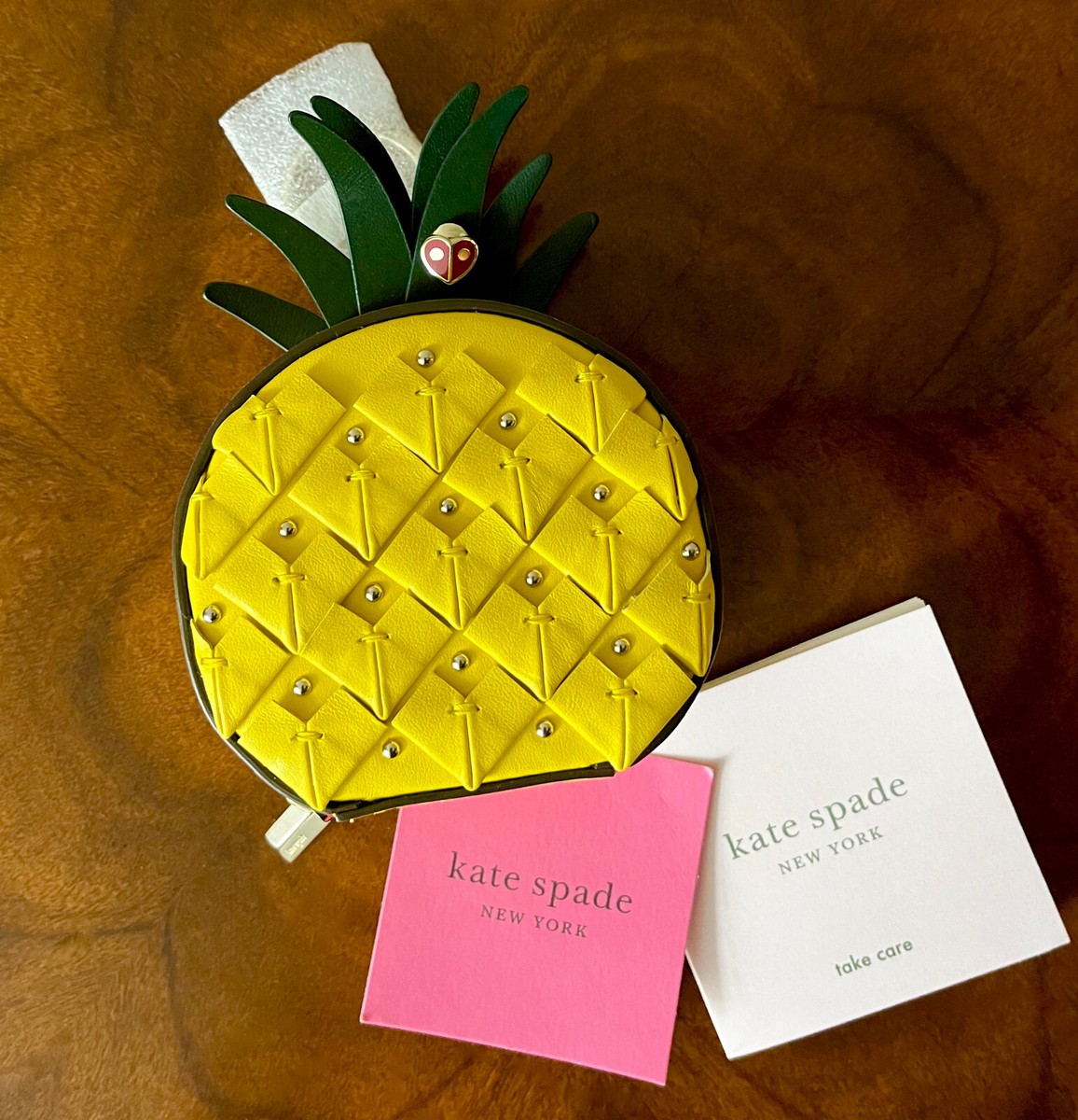 Kate Spade Picnic Pineapple Embellished Leather Coin Purse W/Key 