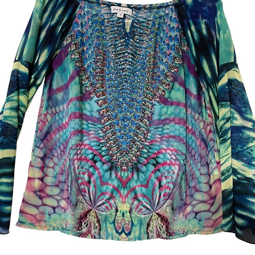 She & Hers Top Size S Blue Green Pattern Long Bell Sleeve Sequin Boho - Picture 3 of 15