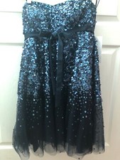 Ladies Sz 6 Basix II Navy Blue Strapless Dress Sequin and Tulle Baby Doll Style