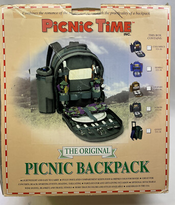 Picnic Time Picnic Backpack Safari Green W/Blue Green Tartan. Service For Four