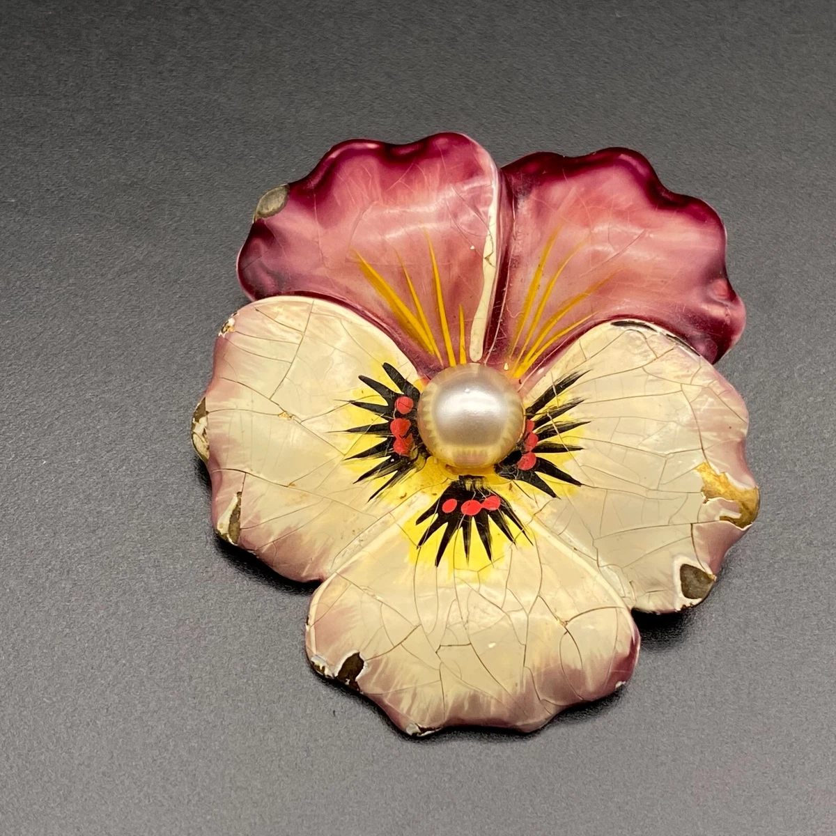 Vintage Enamel Flower Sterling Silver Pin Brooch