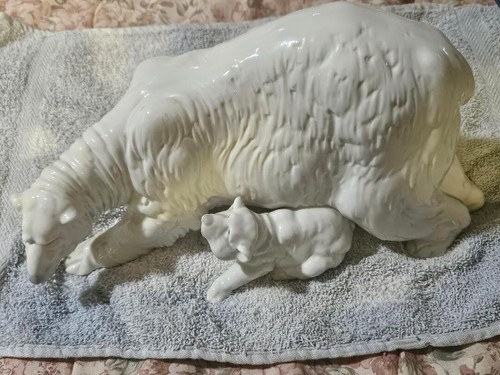 Nao LLADRO Mutter Eisbär mit Jungtier weiß Porzellan Figur — groß / Spanien, 1985