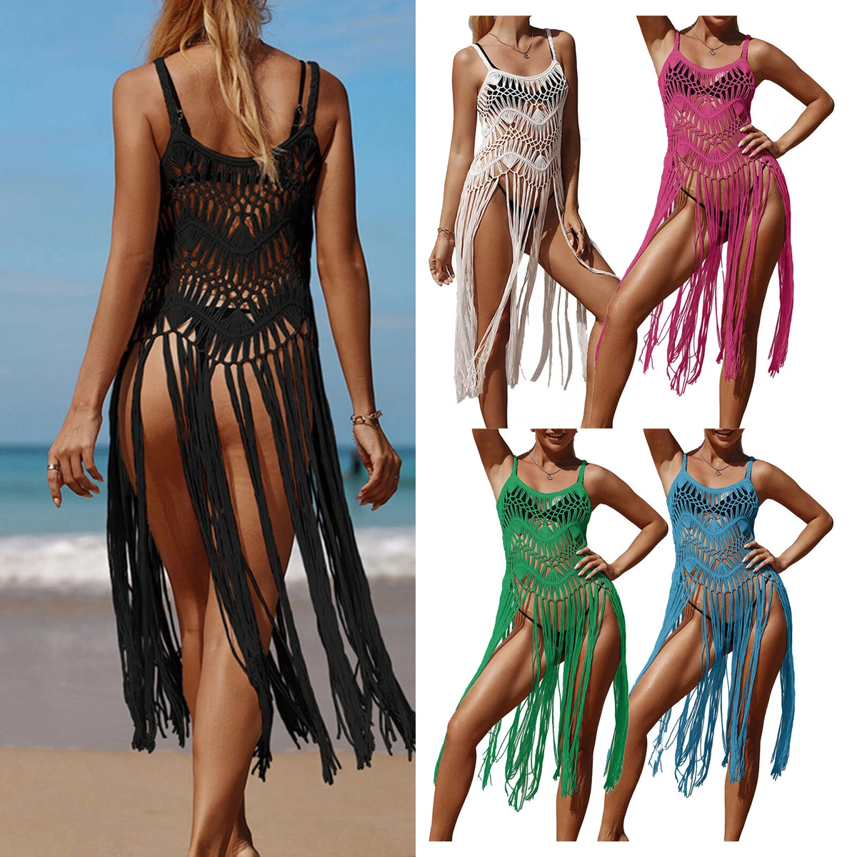 Women Beach Swimsuit Coverups 2022 Summer Sexy Hollow Out Maxi Bodycon  Coverups Knitted Fashion Long Sleeve