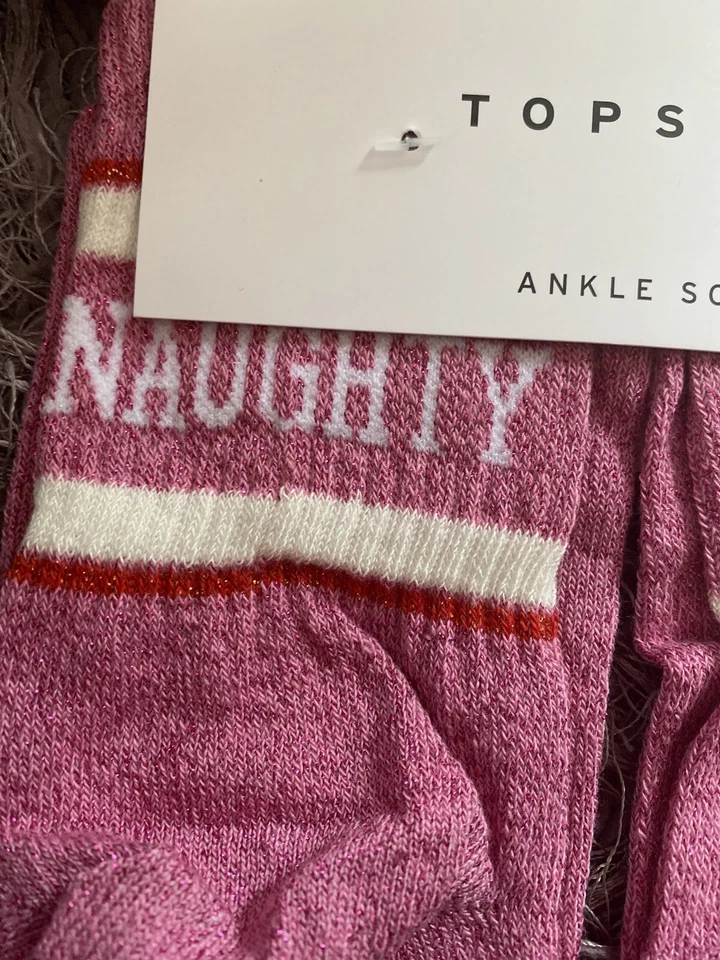 Ladies/Girls Pink Glittery Naughty And Nice Christmas Themed Cotton Ankle Socks - Image 2 of 3