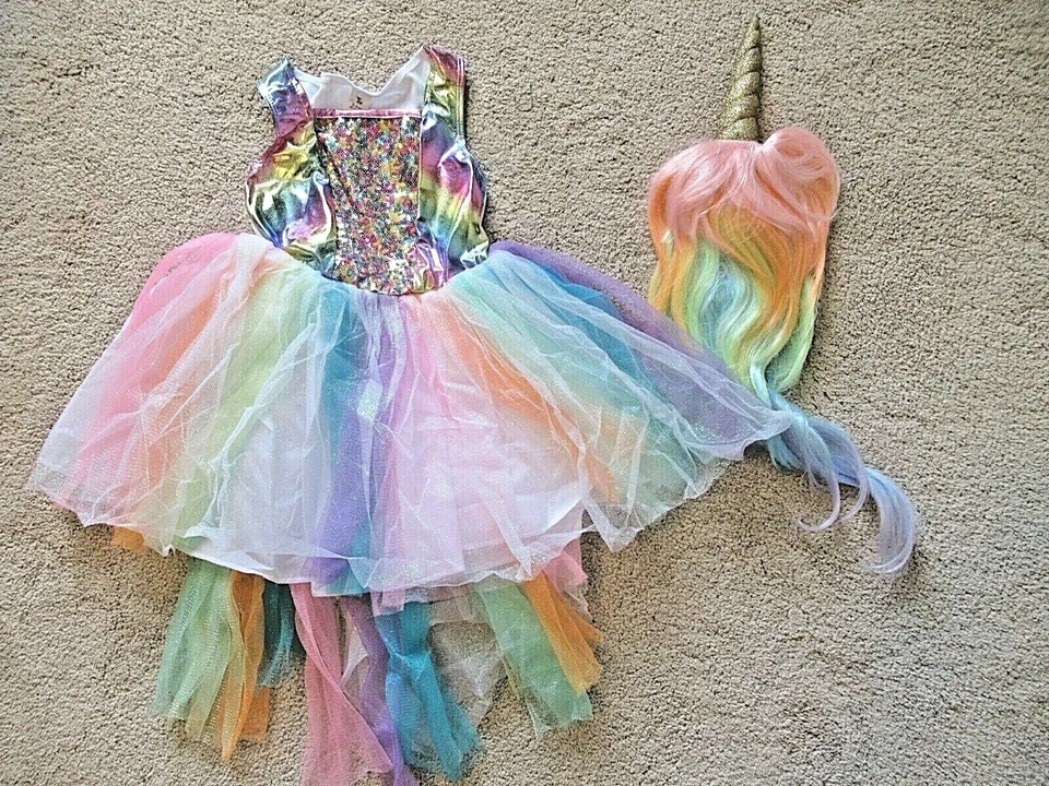 DISFRAZ DE HALLOWEEN UNICORNIO 3/4 Completo 2 Piezas Incluye Peluca con Cuerno Usado en Excelente Condición Foto 3 de 4