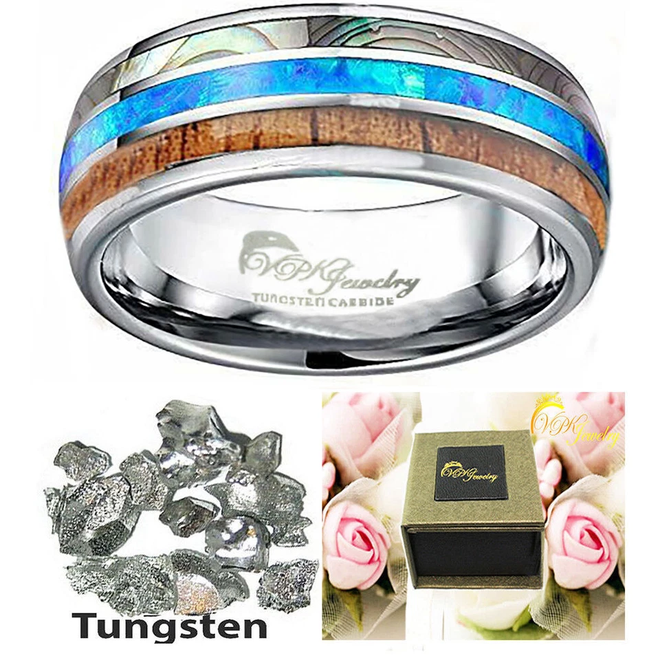 VPKJewelry Tungsteno Hombres Mujeres Alianza de Boda Anillo Ópalo Abulón Concha Caja de Madera Foto 2 de 4