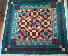 Homemade Patchwork Lap Quilt Multicolor Turquoise Black Magenta 52" X 52" Signed