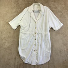 VTG Terry Cloth Swim Cover Up Robe Sz M White Gold Buttons Cinch Waist 80s EUC