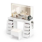 Vanity Desk with Mirror and Lights, Storage Cushioned Stool, Tempered Glass Top