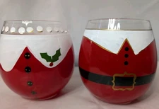Pier 1 Imports Mr. &  Mrs Clause wine glasses stemless hand painted red outfits