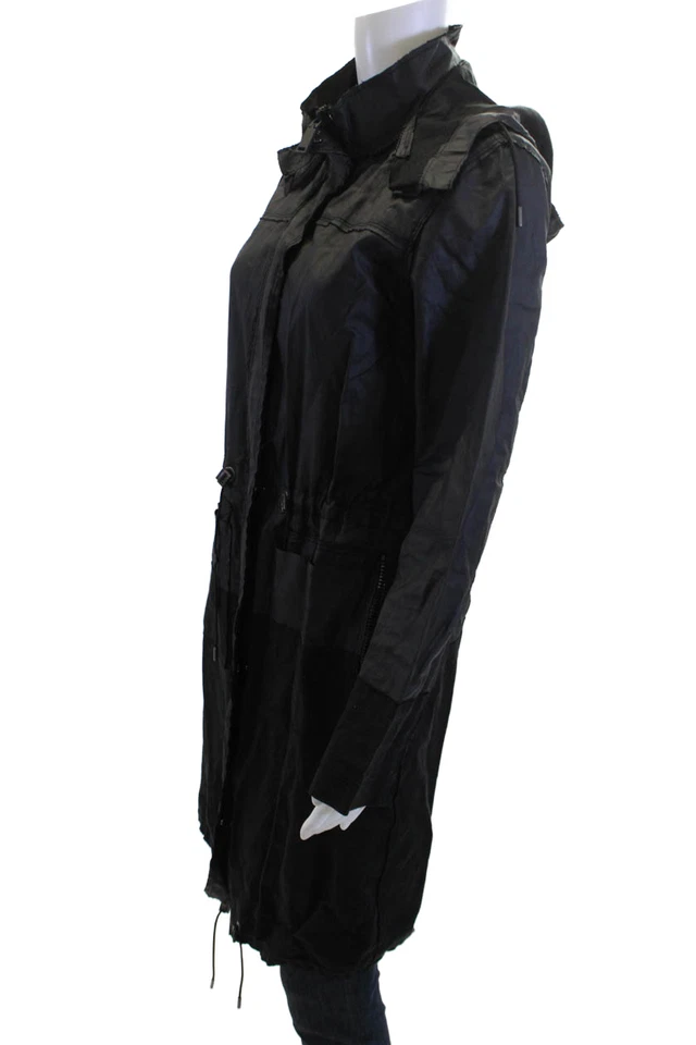 Elie Tahari Women Anorak Raincoat Black High Neck Drawstring Linen Blend Size S - Image 2 of 4