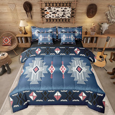 Southwestern Aztec King Sheet Set Rustic Comforter, Dark Blue Bedding Set