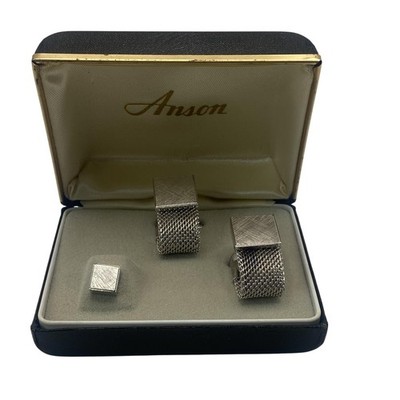 Vintage Anson Mens Silver Tone Mesh Cufflinks Tie Pin Set Square Jewelry