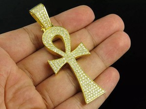 Authentic 2 Ct Round Cut Simulated Diamond Ankh Cross Pendant 14K Yellow Gold Plated
