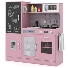 Play Kitchen Toy Set w/ Chalkboard Oven Sink Curtain Microwave Water Dispenser