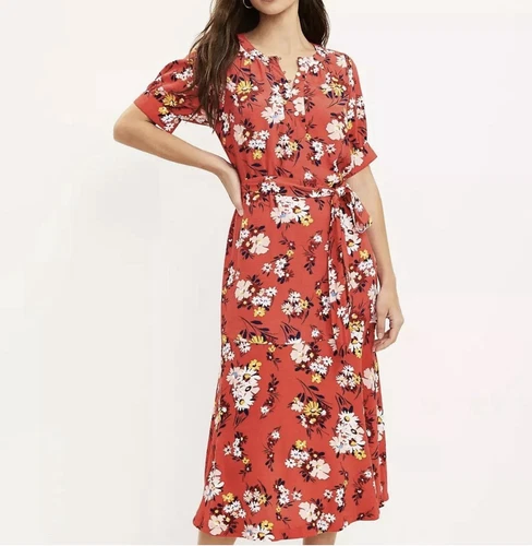 VALENTINO Abito midi romantico nuovo con etichette Ann Taylor Loft 6P piccolo rosso arancione primavera floreale Pasqua