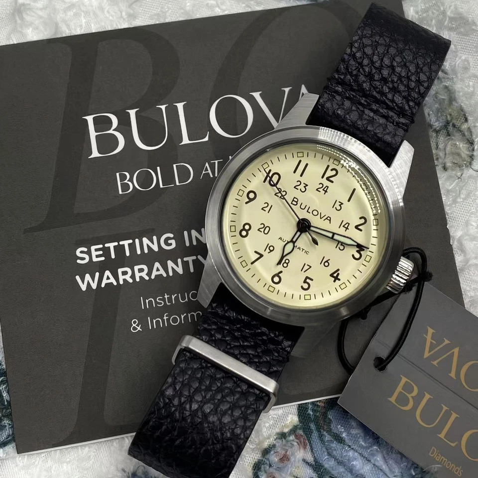 Bulova 96A246 Men's Hack Watch Ivory Dial Automatic Black Leather Strap 38 mm - Image 2 of 4