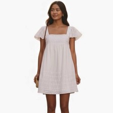 NWT CAARA White Eyelet Mini Dress A-Line Flutter Sleeve M Coquette Cottagecore 
