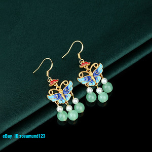Authentic Light Green Real Jade Butterfly Earrings Natural Jewelry 18K Gold Plated